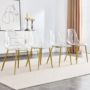 Dreamzon Modern simple transparent dining chair plastic chair armless crystal chair Nordic creative makeup stool negotiation chair Set of 4 and plating metal leg of goldenW115191501 ,TW-1200