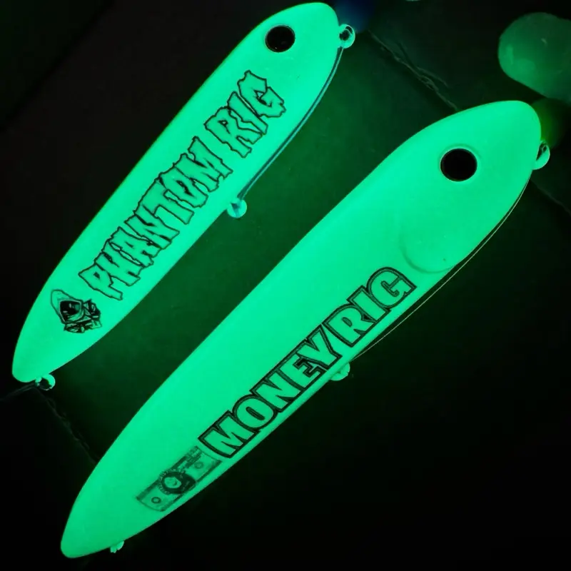 The Glow 2 Pack: Money Rig (13cm) on 10/0 white glow hook and Phantom (11cm) on white glow 6/0 hook, tied with 80 and 100 pound mono leader lines, one BONUS 8/0 white glow hook