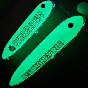 The Glow 2 Pack: Money Rig (13cm) on 8/0 white glow hook and Phantom (11cm) on white glow 6/0 hook, tied with 80 pound and 100 pound yellow mono leader lines100 pound mono leader lines