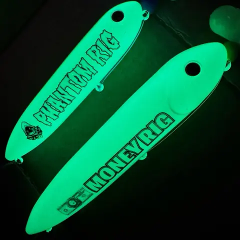 The Glow 2 Pack: Money Rig (13cm) on 6/0 white glow hook and Phantom (11cm) on white glow 6/0 hook, tied with 80 and 100 pound mono leader lines