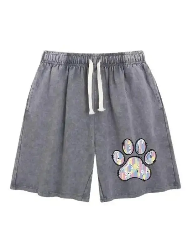 Unisex Acid Wash Shorts with Puppy Paw Graphic Print, Soft Cotton Blend Casual Fitted Style, Machine Washable, Plain, Fitted Cut, Puppy Paw Print, Clothes, Short Length, Basic, Acid Wash Men's Shorts