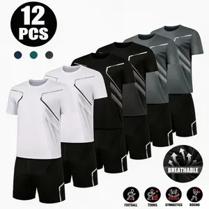 12 Pcs Men's Breathable Athletic Sports Set - Matching Performance T-Shirts & Shorts for Gym, Running, Football