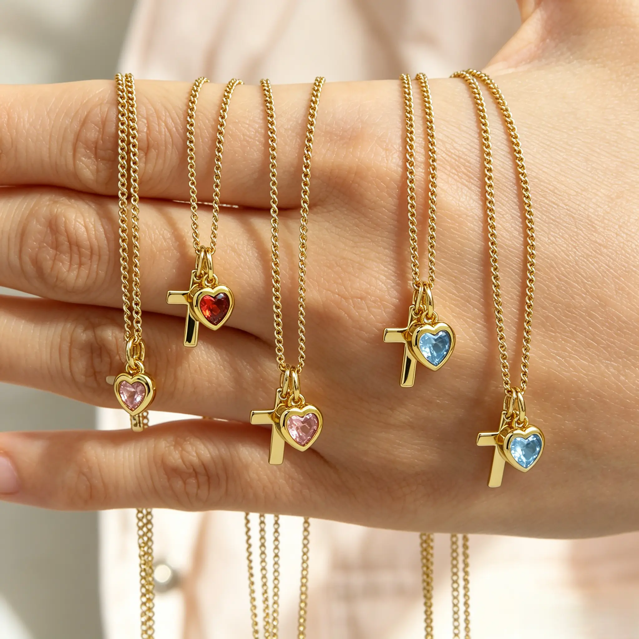 Cross Charm & Heart-shape Gemstone Necklace Chain Jewelry Birthday Festival Gifts for Women and Teen