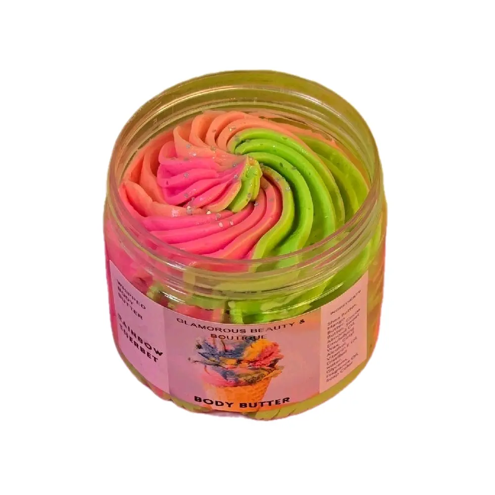 Rainbow Sherbet Whipped Body Butter with Shea & Mango Butter - Soothing, Hydrating Moisturizer for Nourishing, Non-Greasy Bath & Body Care, Smooth Skin (SPF 20), Lemon, Shimmer, Cosmetic, Scent, Fruit, Non Toxic, Adults, Mature, Cruelty Free, Handmade Bat