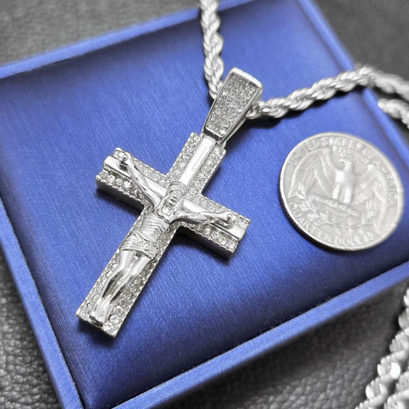 Crucifixion of Jesus Cross & Last Supper Iced Cubic Zirconia Pendant & 4mm 24" Rope Chain Necklace Jewelry for Men, Women, Unisex