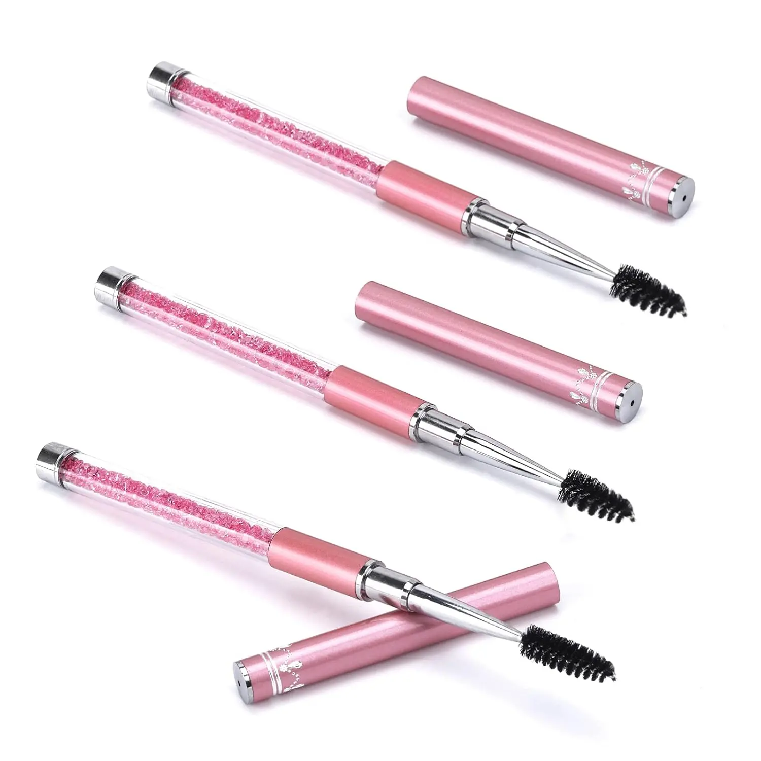 3-Piece Aluminium Spoolies for Eyelash Extensions with Caps, Pink Makeup Brushes for Eyelashes & Eyebrows, Daily Lash Mascara Application Tools