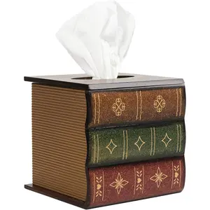 Crafted Classical Retro Wooden Antique Book Tissue Box Cover Square Tissue Holder Dispenser Paper Cover Case Napkin Holder Home Decor for Bathroom Living Room Office car Kitchen (brown)