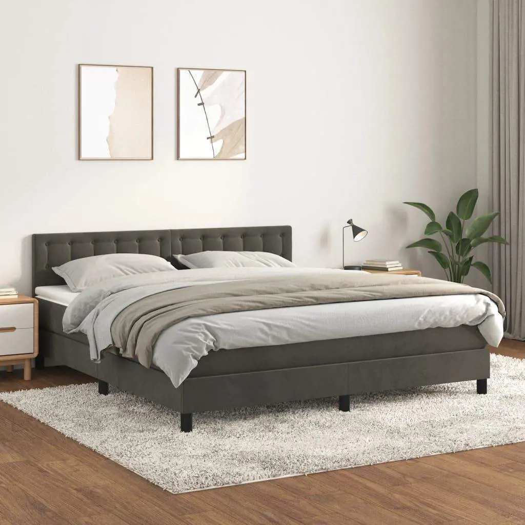 Box Spring Bed with Mattress Dark Gray King Velvet