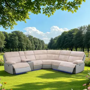 A AINEHOME Off-White & Gray Stripe Fabric & Technical Fabric 3-Piece Multifunctional Electric Recliner Sofa Set with LED Lighting