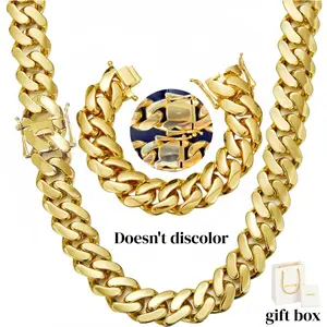 Miami Men's 14K Gold Plated Cuban Chain Necklace & Bracelet Set 8MM-22MM Fade-Resistant Waterproof Hip-Hop Jewelry Valentine's Day Gift Tarnish Free Waterproof chains men's valentine's gifts valentines gifts for gf heavy chain