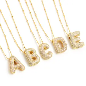 Bubble Letter Necklace, Gold Plated Zircon Initial Pendant Necklace