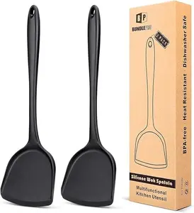 Bundlepro 2 Pack Silicone Wok Spatula,Seamless Kitchen Utensil for Cooking,Baking,Stir-Fry, Black
