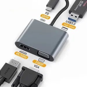 4 in 1 USB C Hub Multiport Adapter Compact Design Docking Station Type C to 4K HDTV VGA 100W PD Fast Charge Splitter for MacBook Pro/Air Laptop