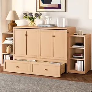 Eyisean 86.5" Full Size Pine Multi-Function Murphy Bed with Storage Drawer & Shelve, Hideaway Folding Platform Bed Frame with Cabinet, Modern Wall Beds for Small Space, Bedroom, Easy Assembly