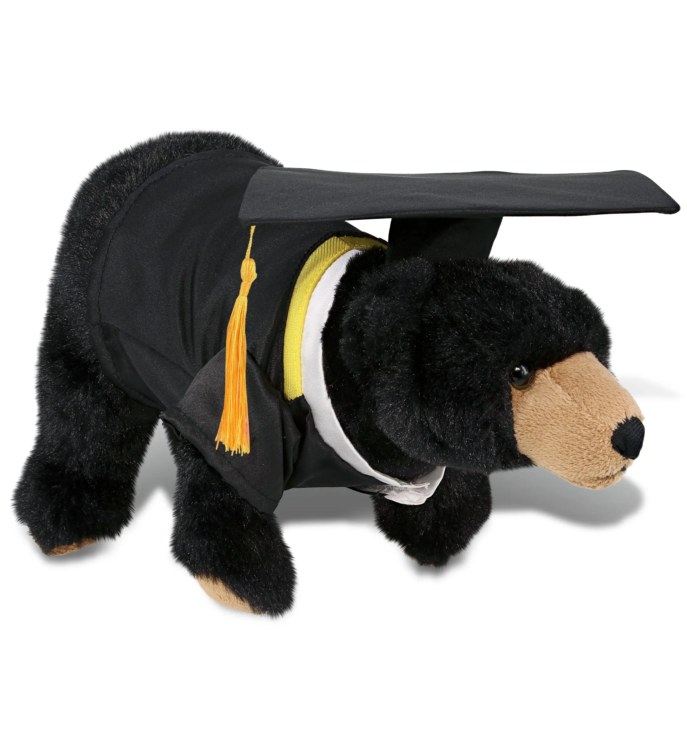 DolliBu 11-In Polyester Black Bear Graduation Plush Toy - Unisex Realistic Stuffed Animal with Cap, Gown, Personalized Black/Red/Blue Gift Bag Add-On, Decoration