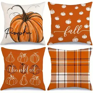 4 Piece Set Autumn Pillow Covers with Zipper Closure, Pumpkin & Buffalo Plaid Design, Single-Sided Print, No Insert Included