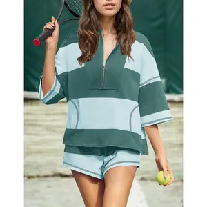 Womens 2 Piece Lounge Set Stripe Half Sleeve Oversized Shirts Shorts Summer Two Piece Workout Sets