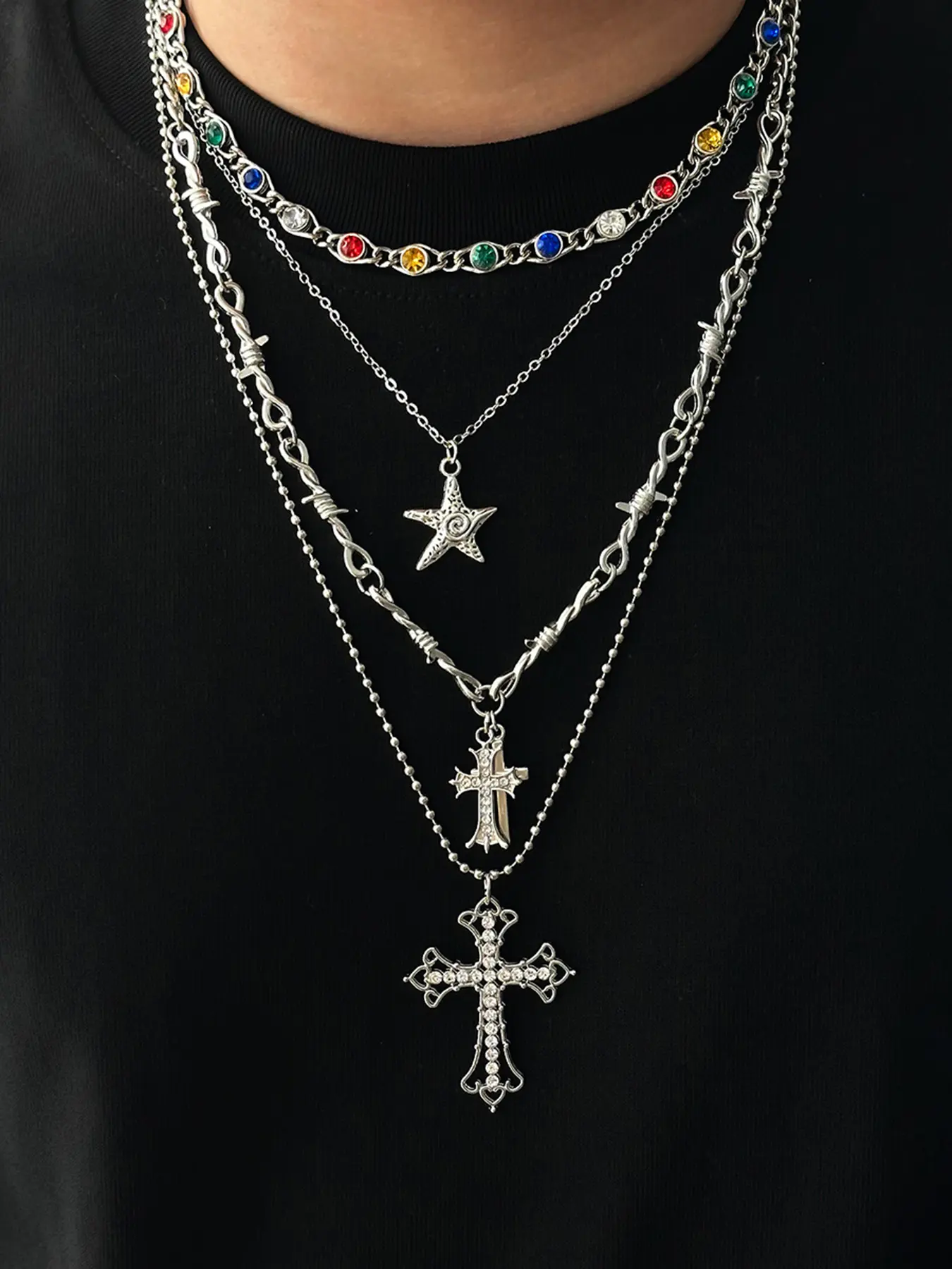 Men's Hip Hop Cross Pendant Necklace Set, 4 Pcs Crystal Clavicle Chain, Star Design Sweater Chain, Trendy Jewelry for Men, Statement Necklace, Layered Necklaces, Stackable Necklace, Layering Necklaces