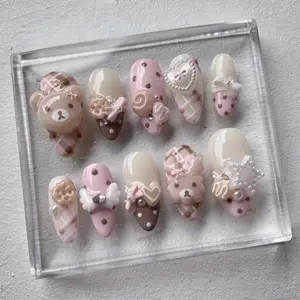 Pink Teddy Bear Press On Nails | Coquette Kawaii Nails | 3D Bear & Bow Nail Art | Handmade Cute Press Ons Nail Art Kit Nail Box fathersdaygift