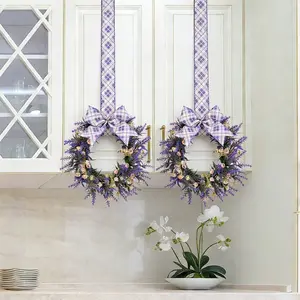 Spring Lavender Wreath for Cabinets Colorful Flower Bow Hanging Garland for Farmhouse Front Door
