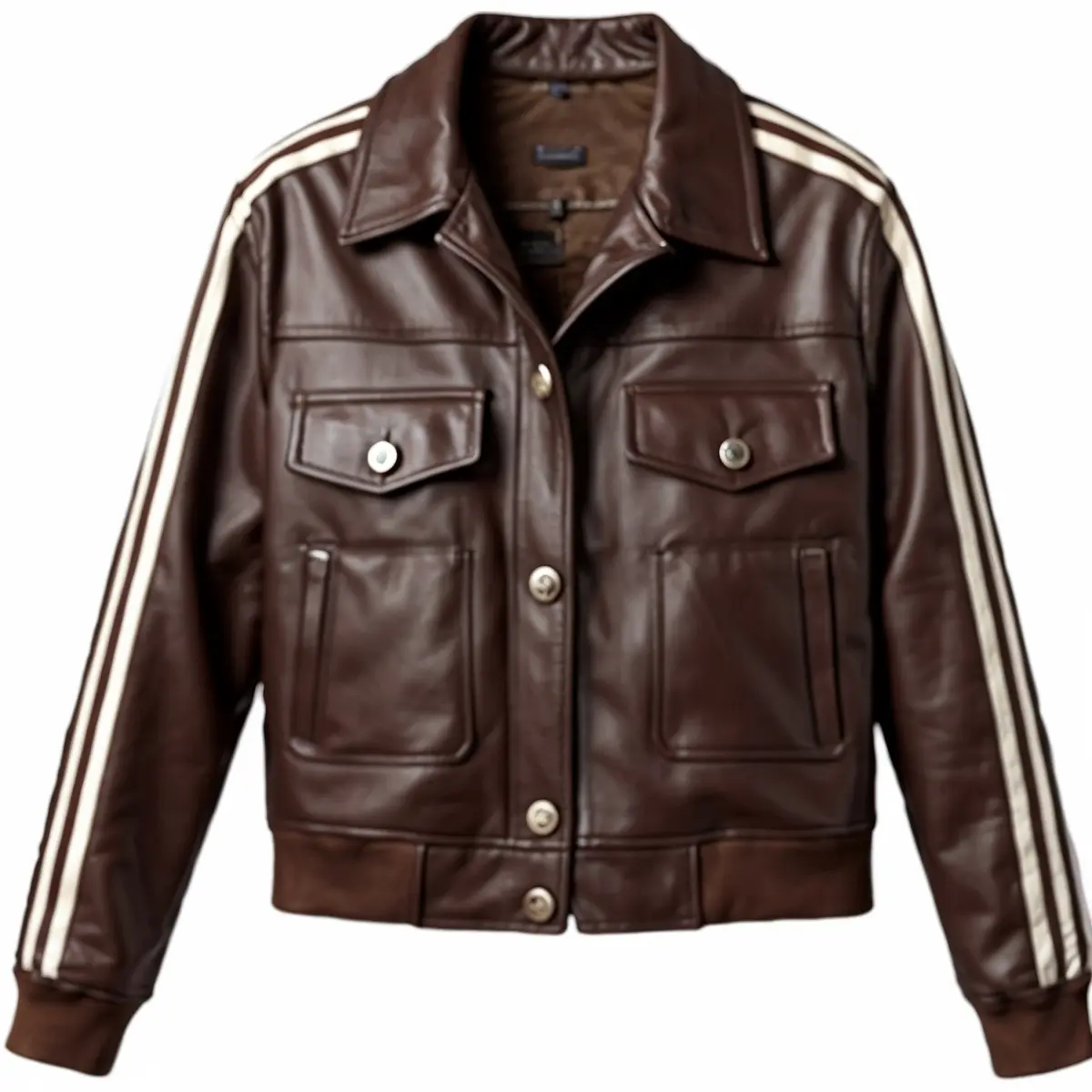 Men's Retro Brown Leather Bomber Jacket with White Racing Stripes