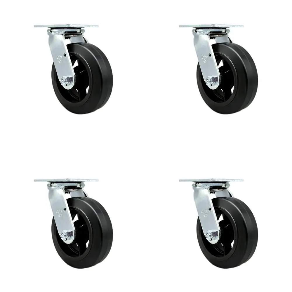 Service Caster SCC-30CS620-RSB-4 Heavy Duty Swivel Rubber Casters, Set of 4, 6 in. Rubber-on-Metal Wheels, Double Ball Bearing Heat Treated Raceways, 1800 lbs Total Capacity, for Shop, Industrial Equipment, Drywall Carts, Food Service Carts