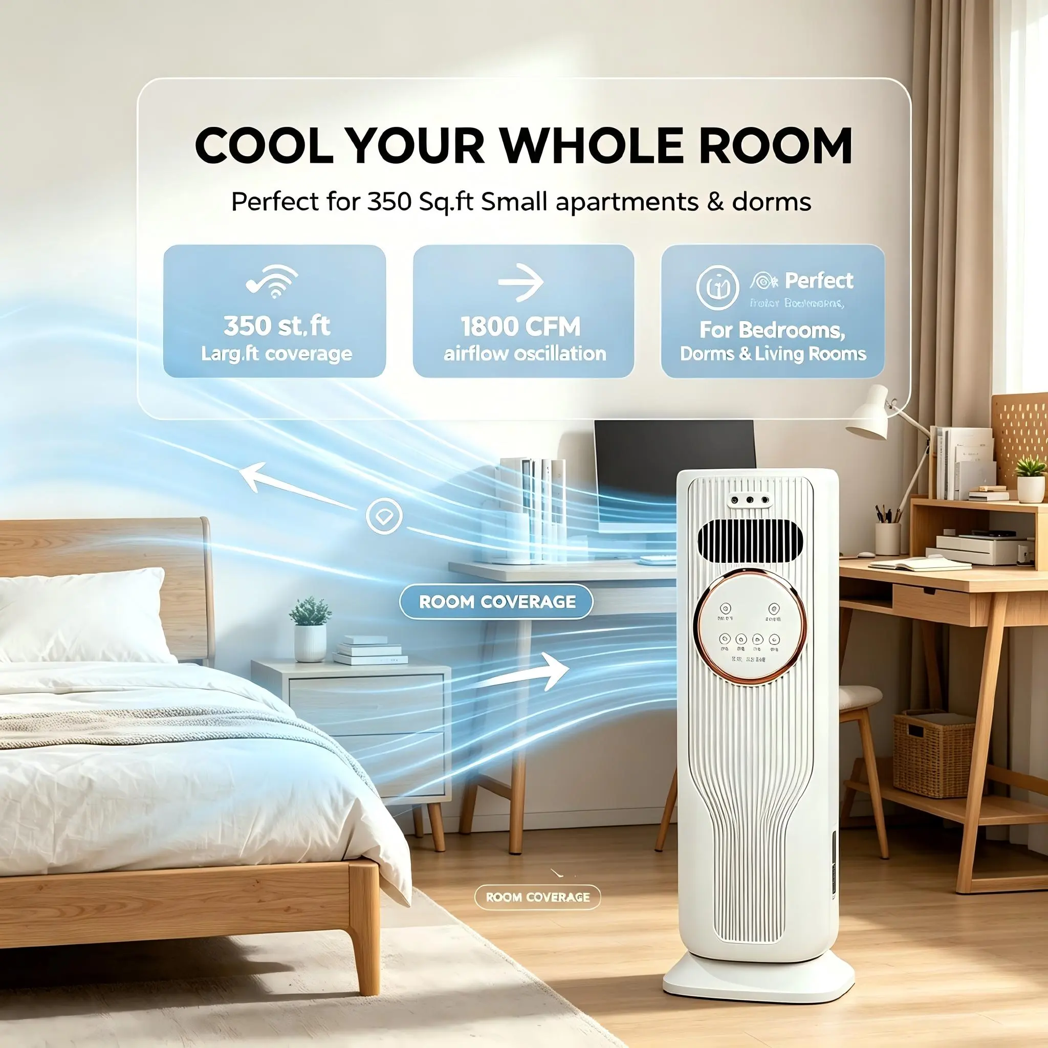 Safe bladeless design, portable cooling fan with both cooling and heating functions for all seasons, integrated with air purifier and humidifying atomization functions, small footprint, suitable for living rooms, studies, office desks and other spaces