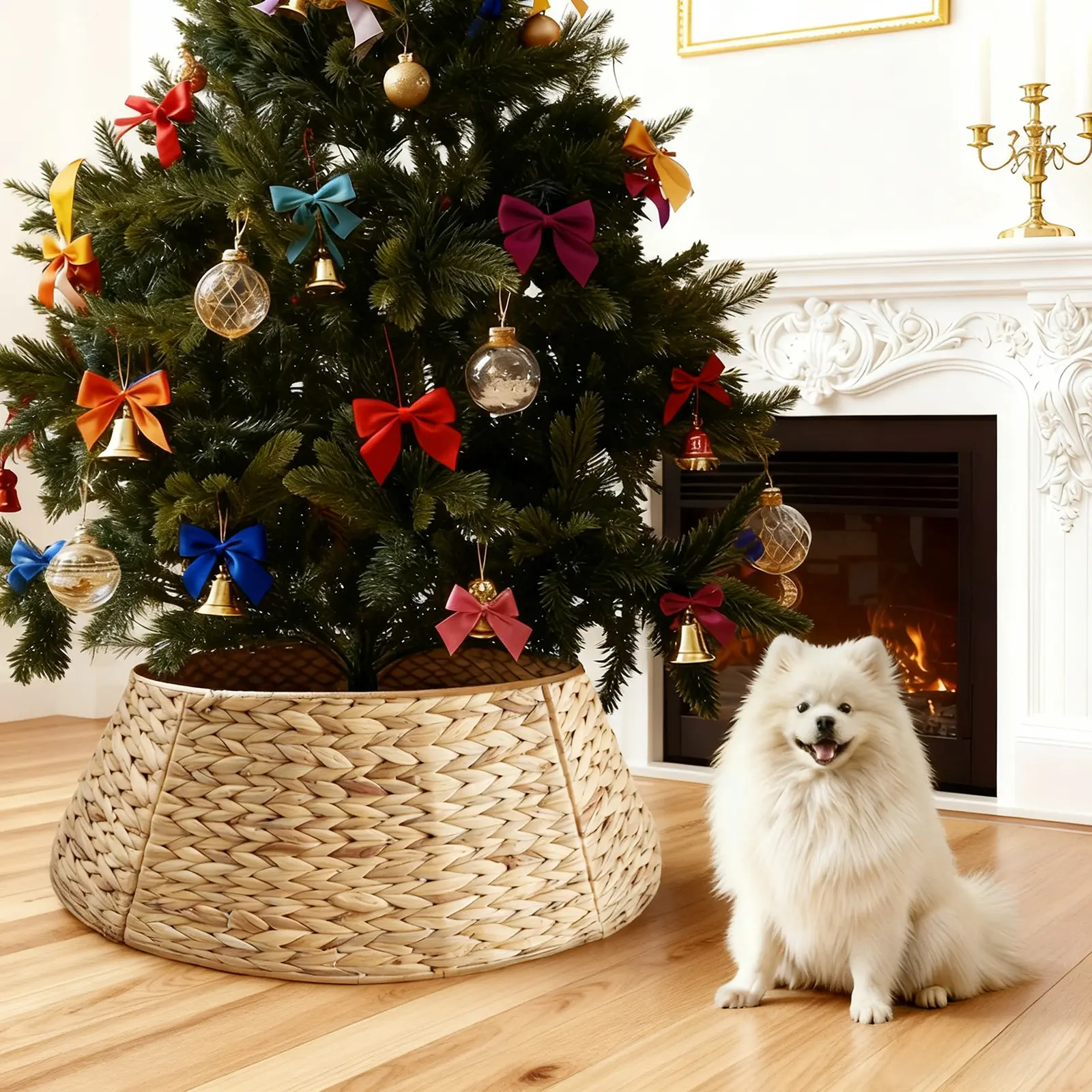 Woven Water Hyacinth Rattan Christmas Tree Collar Hook, Decorative Farmhouse Christmas Decorations with Easy-Open Lock, Cord Port, Extra-Wide 36/42 in Stand Cover for 8-12ft Trees, Elegant Durable Eco-Friendly Light-Compatible Design