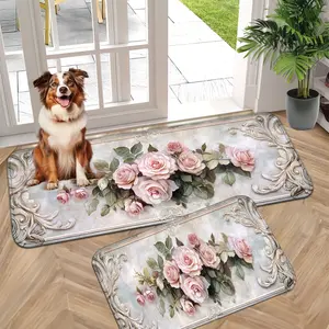 Valentine'S Day Rose Flower Door Mat - Non-Slip, Machine Washable, Knit Polyester Indoor Entrance Rug, Machine Made Rectangle Entryway Carpet for Home Decor