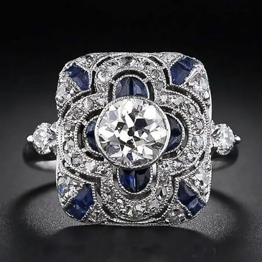 925 Sterling Silver Blue Geometric Art Deco Ring Vintage Rings Solitaire Stackable Rings