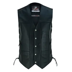 Men’s 10 Pocket Leather Motorcycle Vest – Genuine Cowhide Biker Vest with Side Laces, Concealed Carry Pockets & V-Neck Snap Closure