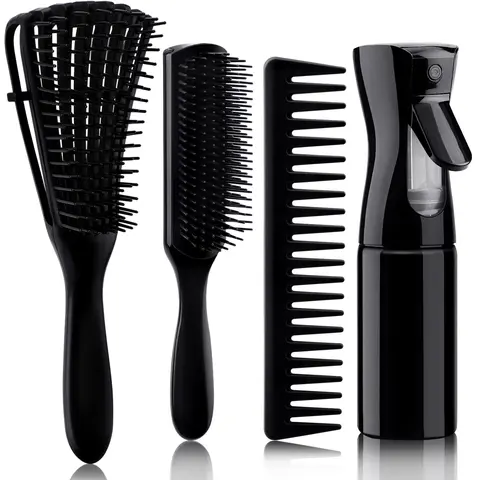 4pcs ABS Resin Curly Hair Brush Set - Anti Tangle Detangling Grooming Tool, Wavy Bounce-Defining Heatless Styling, Wet/Dry 3/4ABC Use, Spray Bottle Included for Family Home Salon