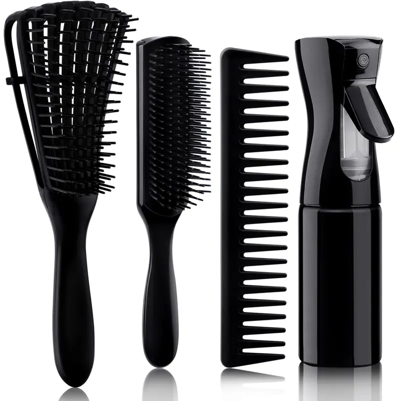 4pcs ABS Resin Curly Hair Brush Set - Anti Tangle Detangling Grooming Tool, Wavy Bounce-Defining Heatless Styling, Wet/Dry 3/4ABC Use, Spray Bottle Included for Family Home Salon
