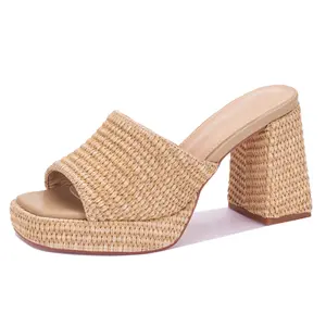Heeled Sandals for Women Raffia Platform Heels Block Heel Open Toe Summer 2026