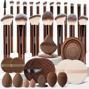 37Pcs Makeup Brushes Set, Brown Facial Makeup Tool Set Includes Premium Synthetic Brushes, Large & Mini Sponges, Makeup Puffs, Cleaning Sponge, Brush Cleaning Tool, Professional Makeup Kit Brown Makeup Accessories for Beginners & Professionals