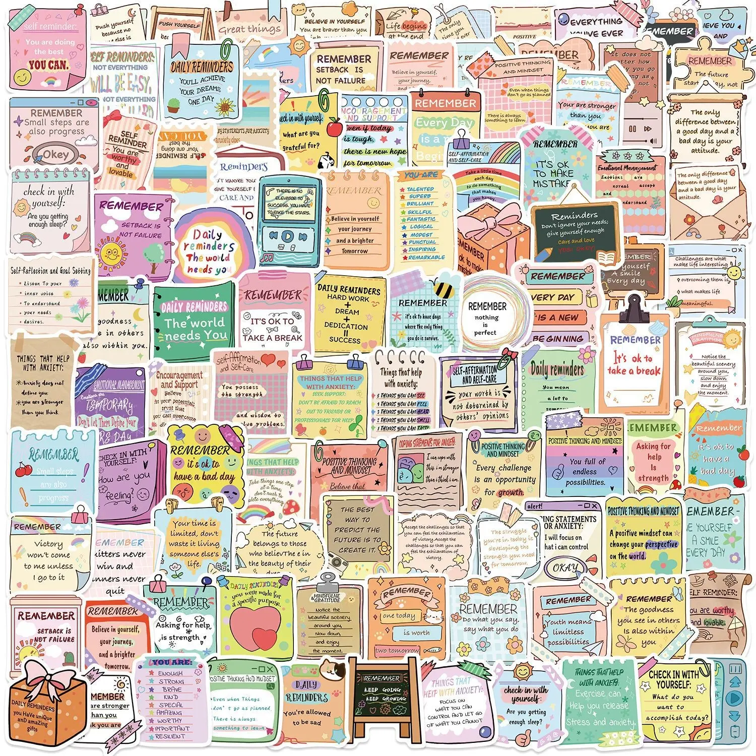 100 Sheets Cartoon Mental Health Motivational Sticky Notes, DIY Decorative Waterproof Creative Stickers for Phone Laptop Notebook