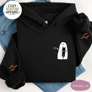 Embroidered Halloween Ghost Drinking Coffee with Bat Sleeves Sweatshirt Hoodie