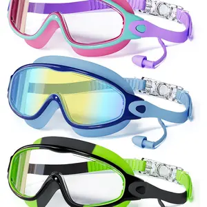 3 Pairs Kids Swim Goggles with Ear Plugs, Large Frame, Anti-Fog/ultra Violet Protection, Wide Vision, Suitable for Boys Girls Ages 4-12