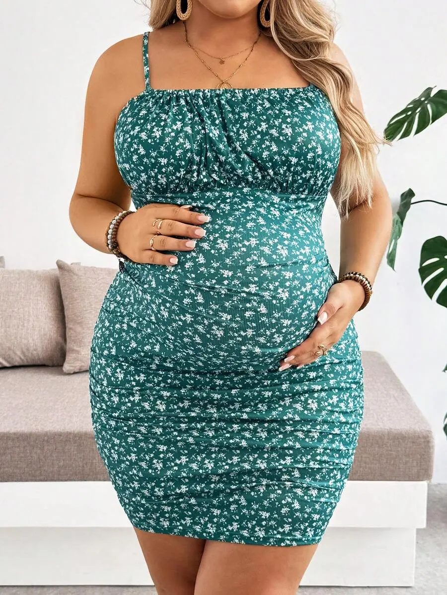 Plus Size Maternity Dress Ruched Ditsy Floral Cami Beach Vacation Sleeveless Boho Style
