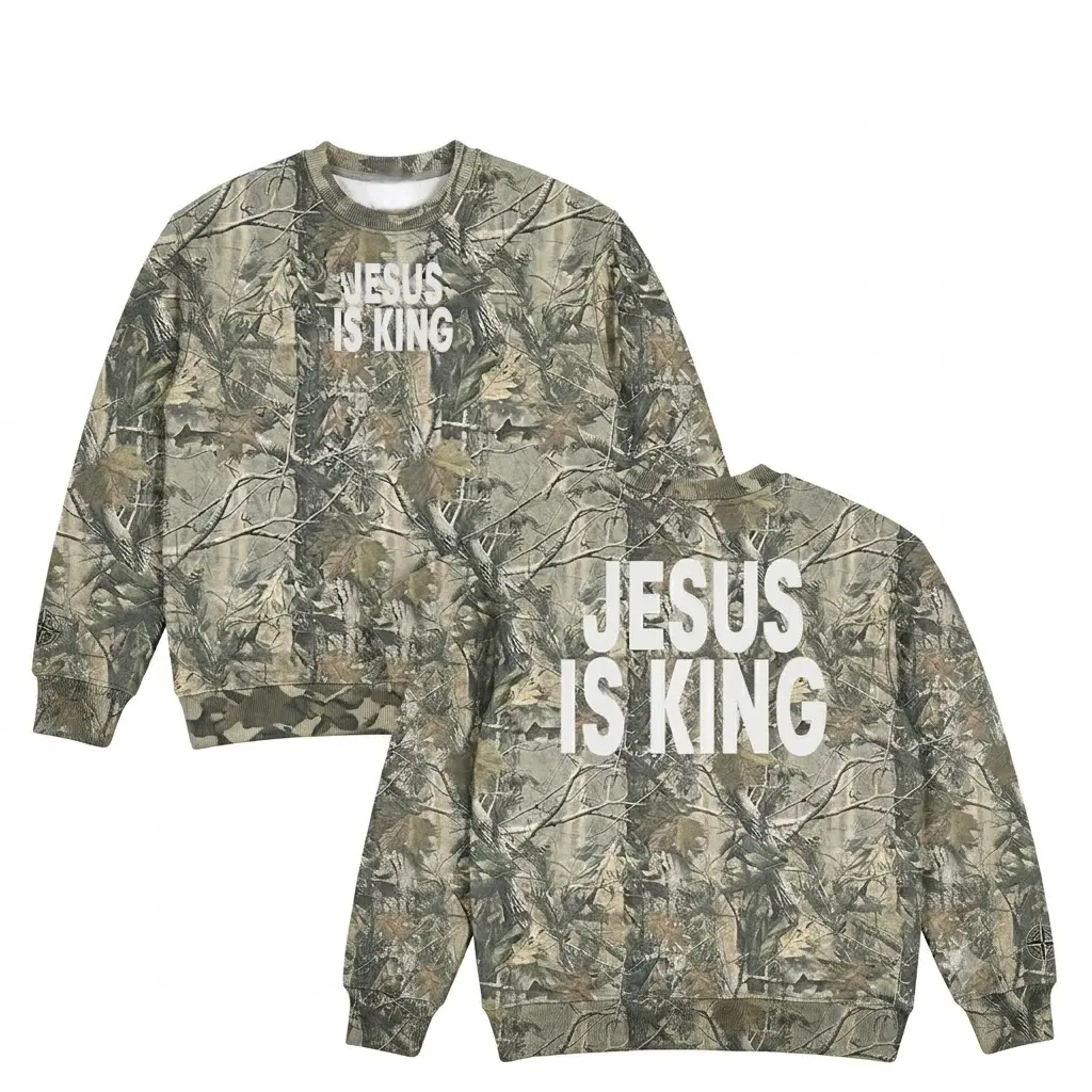 Unisex Jesus Is King Dead Leaves Camouflage Print Short-sleeved Sweatshirt , 3D Camo Sweatshirt ,Style Sweatshirt Unisex 3D