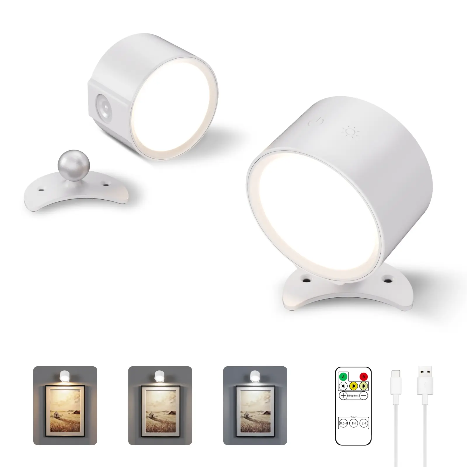 LED Rechargeable Wall Lights, 3 CCT Touch & Remote Control, USB Charging Wireless Wall Sconce, 360° Rotatable Dimmable Lamp, Ideal for Bedroom Bedside, Study, Wall Art & Picture Frame Lighting
