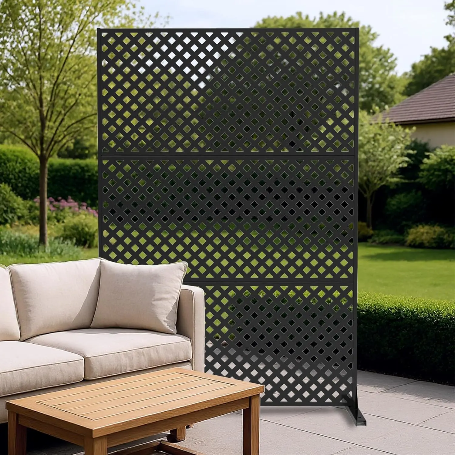 Gaomon 72x47in Galvanized Laser-Cut Metal Balcony Privacy Screen - Freestanding Modern Rustproof Steel Patio Divider with Stable Base, Decorative Apartment Outdoor Rain Guard Panel for Small Spaces (Design-Integrated)