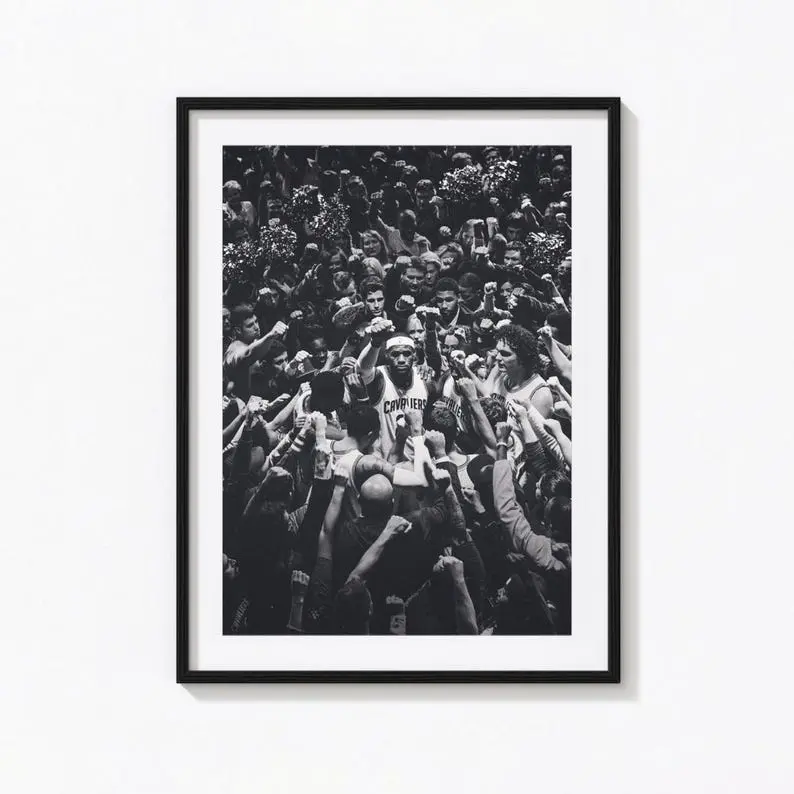 LeBron James Cleveland Cavaliers Team Huddle Poster – Powerful NBA Unity Black and White Wall Art, Inspirational Sports Decor Print. No Frame