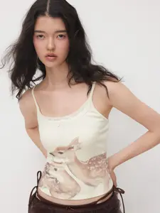 Cider Deer Graphic Bowknot Lace Trim Cami Top, Cute Top for S umber Fashion & Beachwear, Lady Graphic Lace Cami Top for Summer Vocation and Summer Party