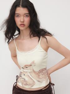 Cider Deer Graphic Bowknot Lace Trim Cami Top, Cute Top for S umber Fashion & Beachwear, Lady Graphic Lace Cami Top for Summer Vocation and Summer Party