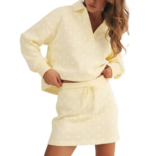 Fisoew Women's 2 Piece Polka Dot Outfit Adjustable Breathable Comfortable Drawstring Fabric Long Sleeve Polo Top & Mini Skirt Casual Loungewear Tracksuit #Summerwins #DealsForYouDays