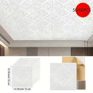 60pcs Self-Adhesive Wall Stickers, Vinyl Grid Pattern, 3D Square Foam, Waterproof, Retro Brick Texture, Shiny Finish, Reusable, Home Decor, Space Theme