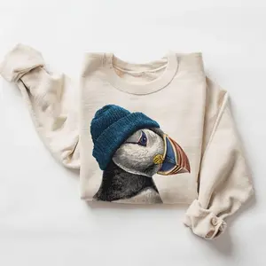 Vintage Atlantic Puffin Wearing Beanie Sweatshirt – Birding Wildlife Crewneck, Camping & Hiking Gift, Retro 90s Unisex Cute Bird