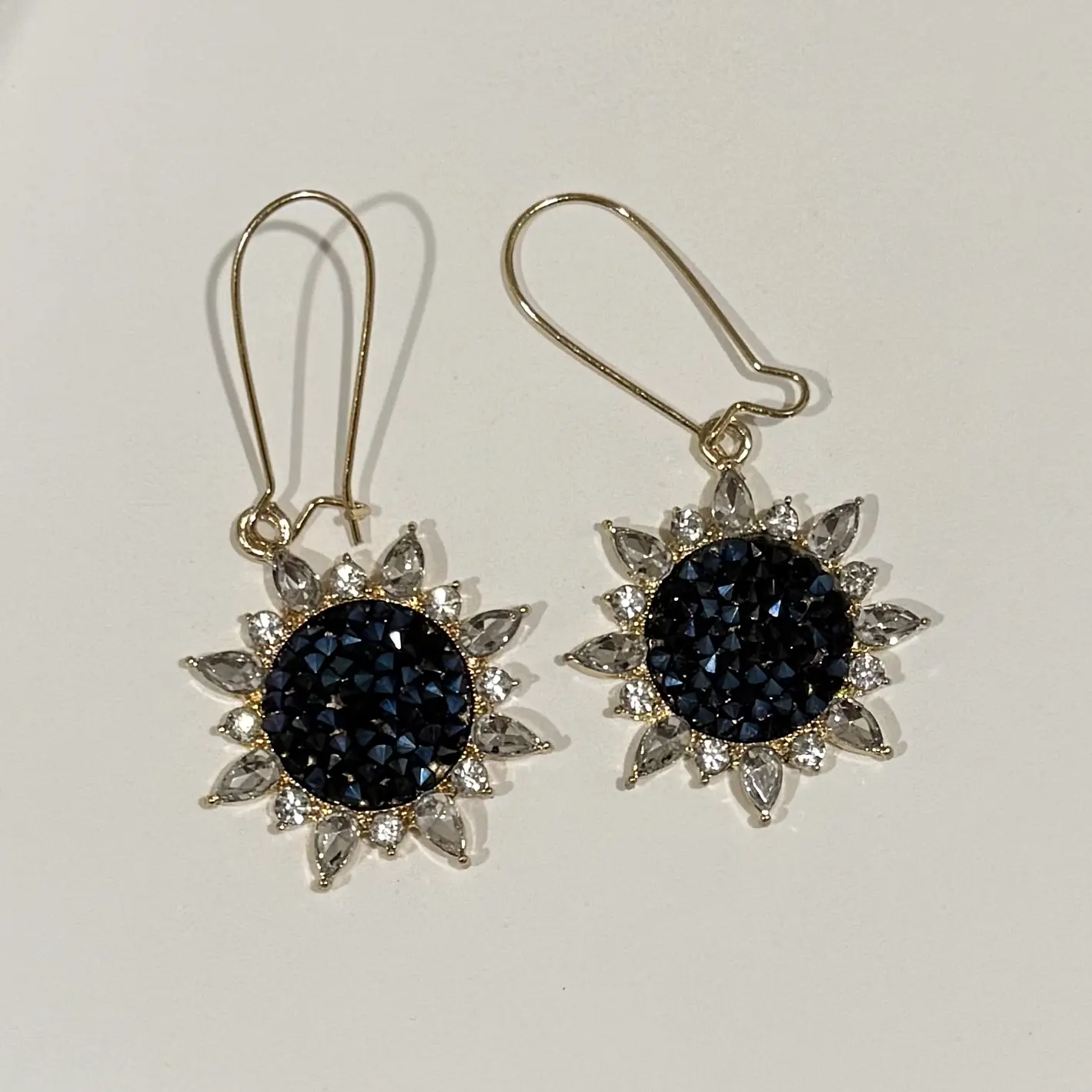 Midnight Bloom Navy Crystal Sunflower Drop Earrings for Youth Sparkling Design
