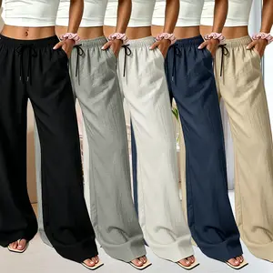 Trendy Women's Textured Linen-Look Pants, Elastic Waist Drawstring Wide Leg Trousers for Street & VacationCasual Women's Crinkle Texture Pants, Elastic Drawstring Waist Loose Fit Wide Leg Trousers for Comfort